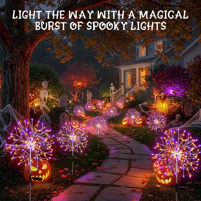 Solar Halloween Lights Outdoor Solar Powered, Upgrade 2-Pack Orange & Purple Solar Firework Lights, Waterproof Garden Light for Yard Pathway Patio Flowerbed Halloween Decorations