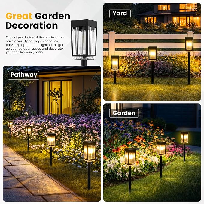 10-40 LM Solar Pathway Lights 3 Brightness Modes 8 Pack | Solar Lights Outdoor Waterproof IP65 Garden Lights Solar Powered for Walkway Driveway Yard Patio Decor (Warm White)