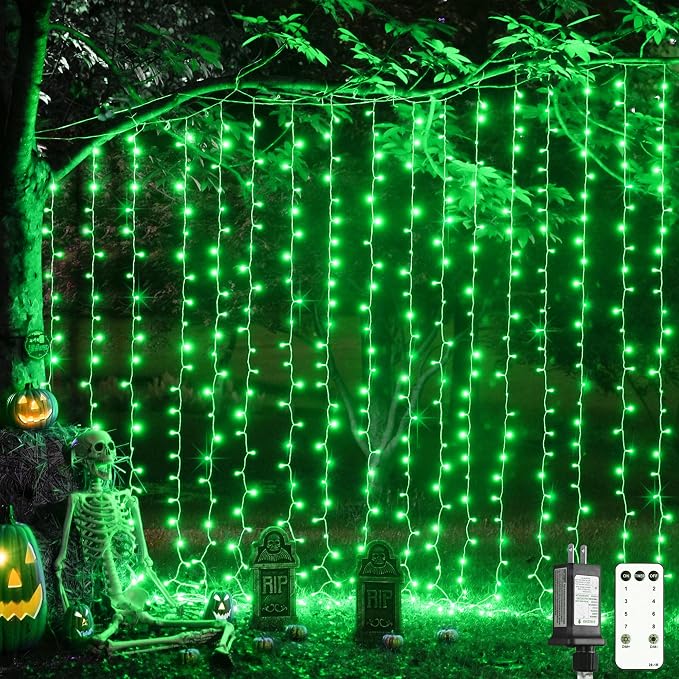 JMEXSUSS 300 LED Green Curtain Lights for Halloween Outdoor Indoor, Plug in | 9.8x9.8ft, Remote Control, Hanging String Lights for Bedroom Wall Window Backdrop Party Yard Porch Patio Xmas Halloween Decor
