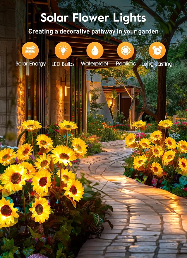 Brightown Solar Garden Lights, 4 Pack Sunflowers Flower Lights Waterproof | Larger & Realistic Sunflowers, Bigger Solar Panel, Waterproof LED Solar Lights Outdoor for Yard Garden Lawn Pathway Decor