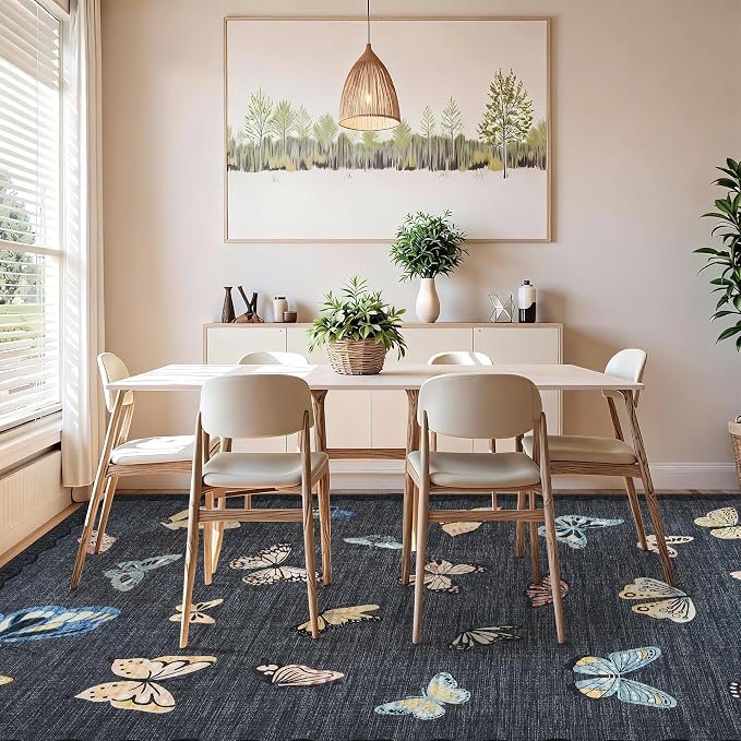 GarveeHome Butterfly Area Rug 5x7, No Slip Washable Rug, Modern Bedroom Rug Under Bed Ultra Carpet, Low-Profile Rugs for Living Room Bedroom Dining Room, Black