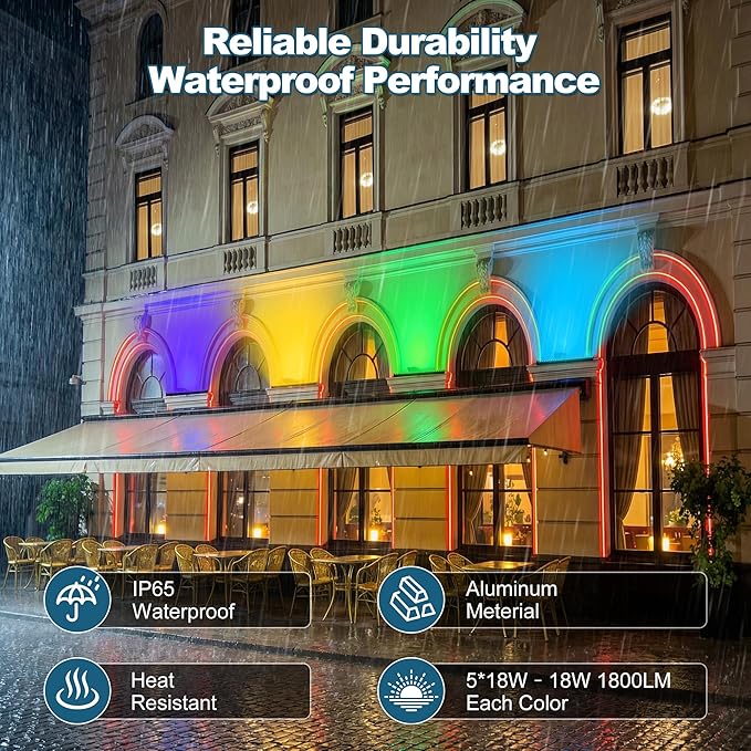 Smart Outdoor RGBCW Stage LED Light Bar 20″, Color Changing Wall Washer with App & Remote Control, 2700K–6500K Tunable White Floodlight, IP65 RGB Stage/Porch Lights for House, Music Sync,