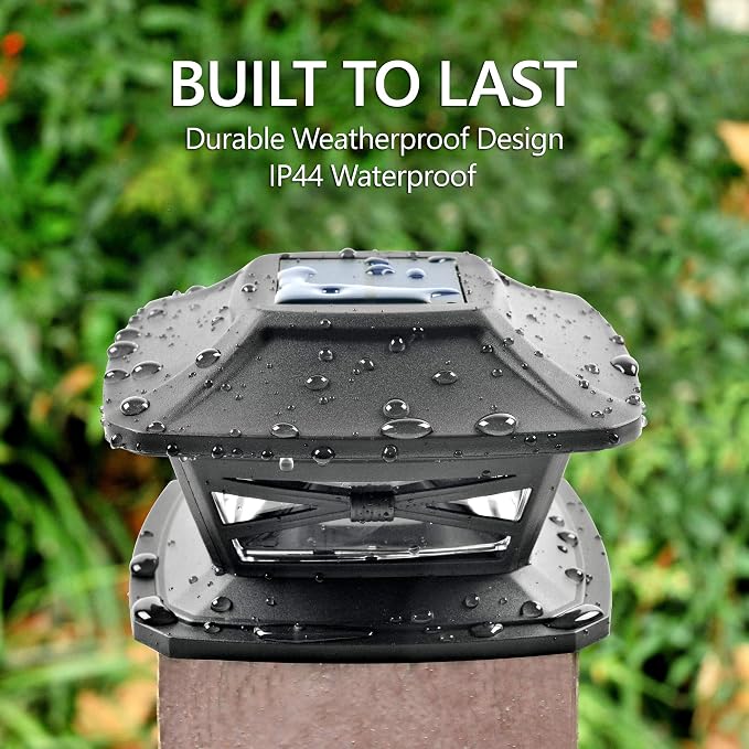 Flexfit Solar Outdoor Post Cap Lights - Includes Bases for 4x4 5x5 6x6 Wooden Posts - Bright LED Light - Slate Black (8 Pack) | Slate Black, Wooden Posts, fence/deck/garden/patio, UV fade-protected plastic, auto-on, 7-8h, cordless, IP44, 25lm warm white