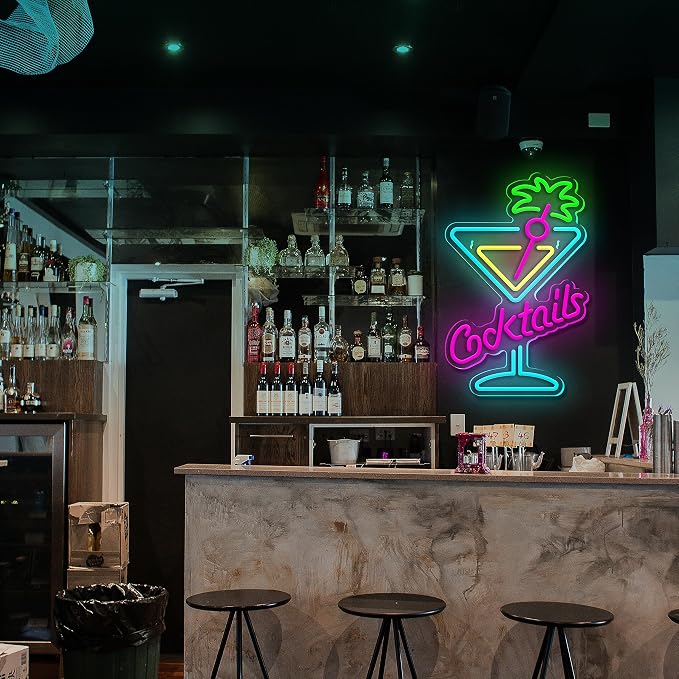 Cocktails Neon Sign Cocktail Glass LED Neon Signs Art Wall Lights for Beer Bar Decor Dimmable USB Powered Martini LED Neon Light for Party, Cocktails Bar, Pub, Night Club, Man Cave Decoration