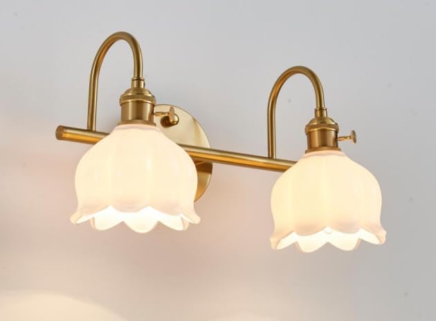 Bathroom Light Fixtures, 3-Light Brass Vanity Wall Light with Amber Tulip Glass Shades, Vintage Wall Sconce Over Mirror for Bathroom, Bedroom, Living Room (Bulbs Not Included) (White, 2-Light)
