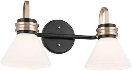 Kichler Farum 2-Light Bathroom Vanity Light, Black | Damp-rated vanity light with opal glass and champagne bronze accents (19.25" x 9.5"), 55154BK