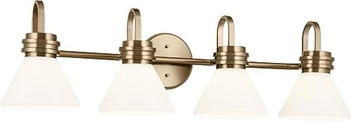 Kichler Farum 4-Light Bathroom Vanity Light, Champagne Bronze | Modern vanity light with opal glass for single or double mirrors (34" x 9.5"), 55156CPZ