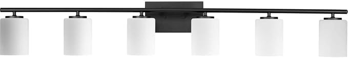 Progress Lighting Replay Collection 48 in. 6-Light Textured Black Etched White Glass Modern Bath Vanity Light