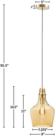 Ink+Ivy Auburn Pendant Kitchen Lighting for Dining Room, Industrial Lights, Hand-Blown Glass Bell Shaped Pendant Light for Kitchen Island, Foyer, Bedroom, 9" Dia x 95.5" H, Gold/Amber