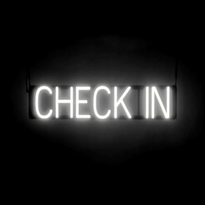 LED Neon CHECK IN Sign for Business - White, 27" x 6" | Ultra-Bright Click-Together Signage for Hotels & Motels, with Visibility from 500 ft - 8 Animations, 6 Brightness Options