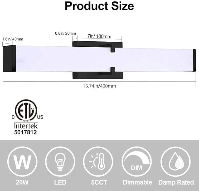 16 inch Bathroom Vanity Light 2700/3000/3500/4000/5000k Dimmable, Black Modern Matte for Vanity Lighting Over Mirror LED, Equivalent to Incandescent 200W, ETL Certificated (1 Pack)