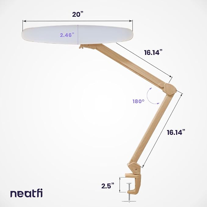 Neatfi XL 2200 Lumens 24W LED Desk Lamp – Shadow-Free Task Lighting | 4-Level Dimming | Home Office & Crafts Use | 20-Inch Wide Head (Brown Wood, Non-CCT with Clamp)