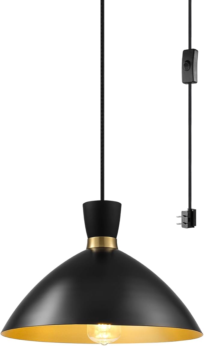 Globe Electric 1-Light Plug-in Pendant Light, Matte Black Shade with Brass Interior, in-Line Switch, Modern Kitchen Island or Living Room Lighting