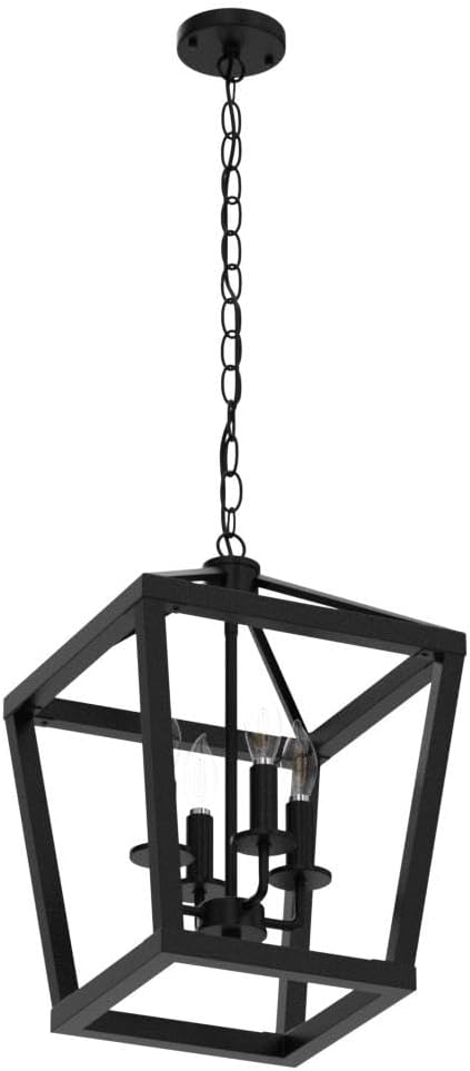 BrightHome Farmhouse Chandelier 4-Light, Black Pendant Light Fixture Ceiling Hanging for Kitchen Island Dining Room, Lantern Industrial Lighting with Metal Cage Adjustable Height for Entryway Foyer | Industrial Kitchen Lantern chandelier Over Table, Pe...
