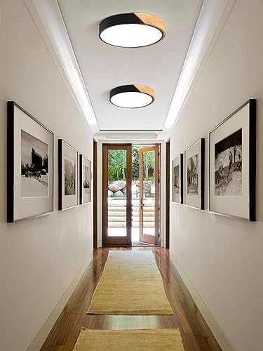 Modern LED Ceiling Light, Minimalist Wood Dimmable Flush Mount Ceiling Light Fixture, Round 5CCT Lighting Lamp with Acrylic Lampshade for Bedroom Hallway Laundry, Black 11.8"