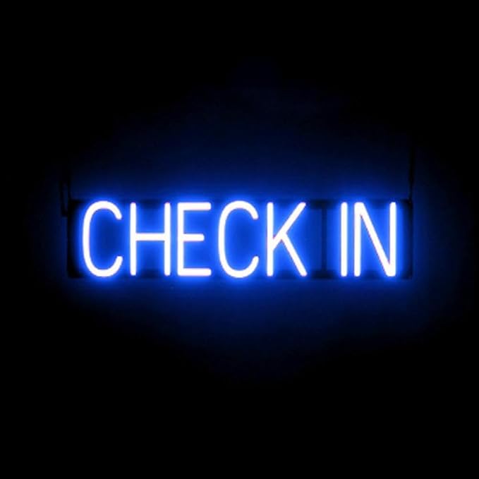 LED Neon CHECK IN Sign for Business - Blue, 27" x 6" | Ultra-Bright Click-Together Signage for Hotels & Motels, with Visibility from 500 ft - 8 Animations, 6 Brightness Options