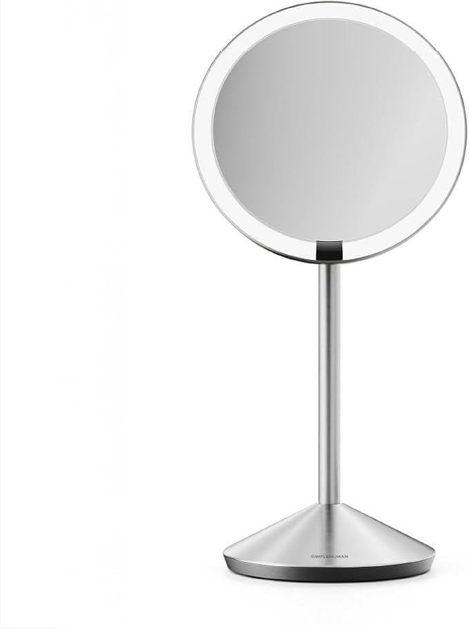 simplehuman Sensor Mirror Fold, 5'' with 5X Magnification, Round Rechargeable Travel Makeup Mirror, Tru-Lux® Full-Spectrum Light, Adjustable Brightness & Height, Brushed Stainless Steel