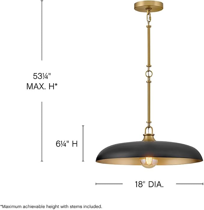 Hinkley Sadie 18" Medium Dome Pendant, Black with Lacquered Brass | Two Tone Saucer Chandelier, Includes (5) 7" Downrods, Needs a Med. LED Bulb, Adjustable Height, Dining Room, Kitchen