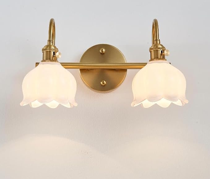 Bathroom Light Fixtures, 3-Light Brass Vanity Wall Light with Amber Tulip Glass Shades, Vintage Wall Sconce Over Mirror for Bathroom, Bedroom, Living Room (Bulbs Not Included) (White, 2-Light)