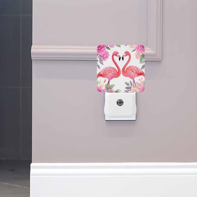 Flamingo Night Lights Plug into Wall Pink Floral Print Night Light with Dusk to Dawn Sensor for Home Bedroom Bathroom Living Room 0.5W Sleep-Friendly