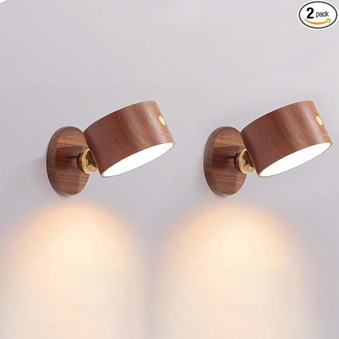 LANDGOO Sapele Wood Wall Sconces Bedside Lamp 2 Pack - Rechargeable Magnetic 360° Dimmable Lights for Hallway & Walk-in Closet (Cordless No Wiring Needed)