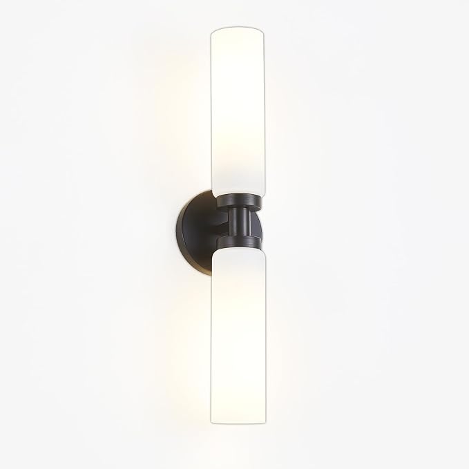 Lanhall 2 Light Black Bathroom Light Fixture Over Mirror, Modern Farmhouse Bathroom Vanity Lights with Milky White Frosted Glass Shade, Wall Sconce for Bathroom Mirror Hallway Cabinet Bedroom Porch