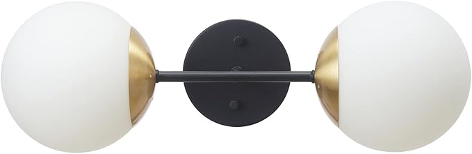 Globe Electric 52079 2-Light Wall Sconce, Matte Black, Antique Brass Accent Socket, Matte Opal Glass Shades, Modern Light for Living Room or Bedroom, Dimmer Switch Compatible, E26 Base
