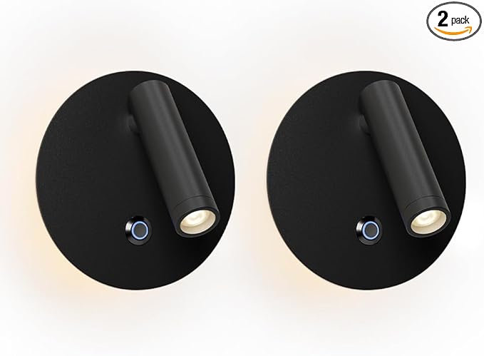 Aisilan 2-Pack Modern Wall Sconce with Touch Switch, Dimmable 6W Adjustable Wall Lamp, Dual-Mode Hardwired Bedside Lights, Black Wall Mounted Lighting for Bedroom, Living Room & Hallway