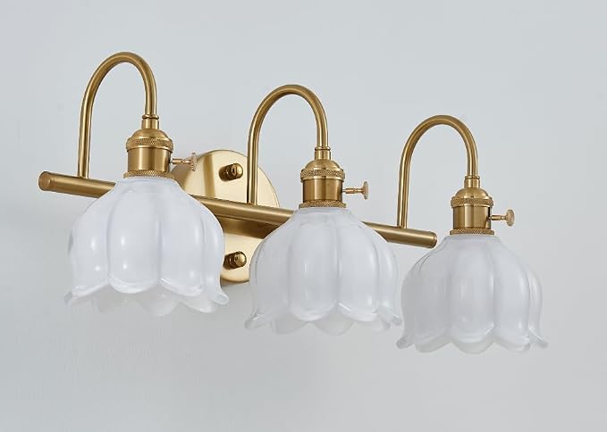 Bathroom Light Fixtures, 3-Light Brass Vanity Wall Light with Amber Tulip Glass Shades, Vintage Wall Sconce Over Mirror for Bathroom, Bedroom, Living Room (Bulbs Not Included) (White, 3-Light)