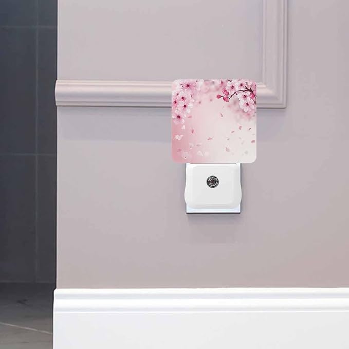 Cherry Blossoms Night Light Pink Flowers Plug into Wall with Dusk to Dawn Light Sensors 0.5W Warm Nightlights for Bedroom Bathroom Hallway