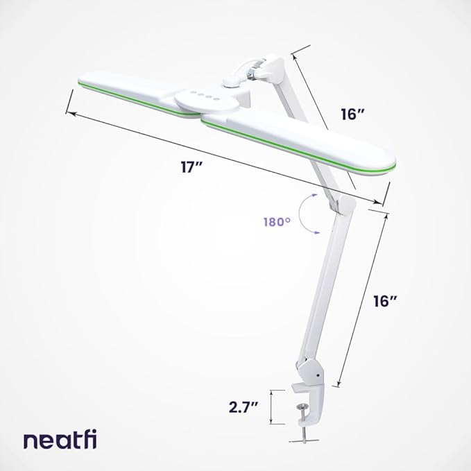 Neatfi Elite HD XL LED Desk Lamp | 3 Light Modes | Non-Polar Dimming | Eye-Caring Desk Light for Home Office, Drafting, Beauty Shop, Workbench (CCT with Clamp, Green Ring, 17 Inches)