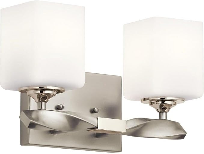 Kichler Marette 2-Light Bathroom Vanity Light, Brushed Nickel | Modern transitional vanity light with satin etched cased opal glass (13.5" x 7.75" x 13.5"), 55001NI