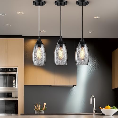Viinew Mini Glass Pendant Light,3-Pack Black Glass Hanging Light | Handblown Black Seeded Art Glass Shade Ceiling Light 4.72" Hanging Pendant Light for Kitchen Island,Dining Room
