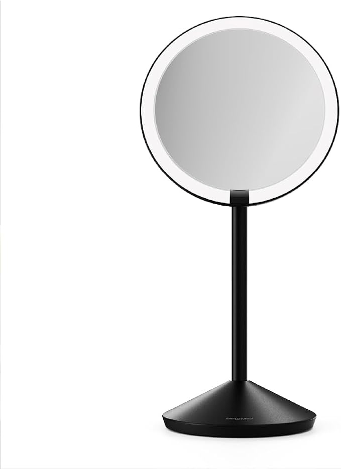 simplehuman Sensor Mirror Fold, 5'' with 5X Magnification, Round Rechargeable Travel Makeup Mirror, Tru-Lux® Full-Spectrum Light, Adjustable Brightness & Height, Matte Black Steel