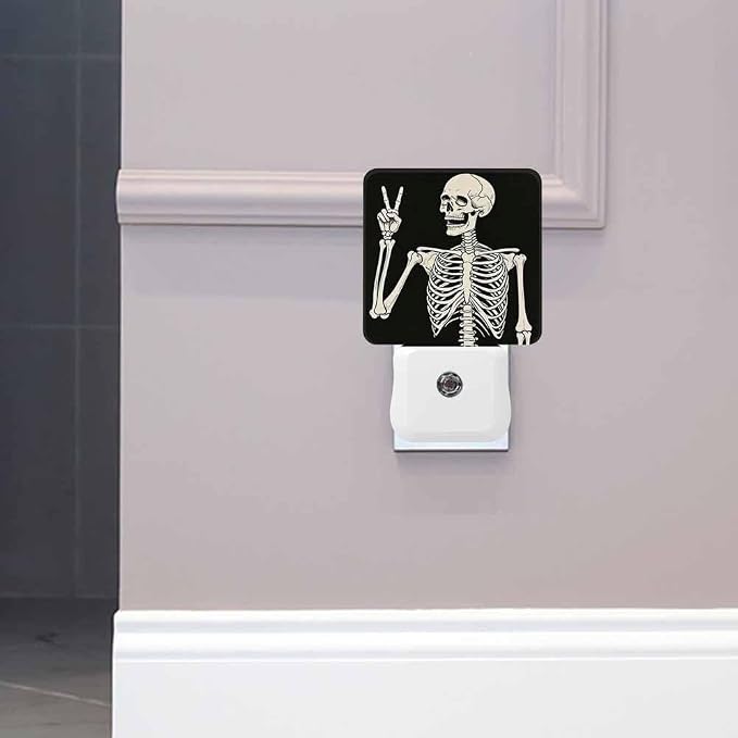 Skeleton Night Light Plug-into Wall Human Skeleton Posing on Black Background Nightlight Lamp with Dusk to Dawn Sensor, Led Lamp 0.5W Energy Efficient for Home Decor