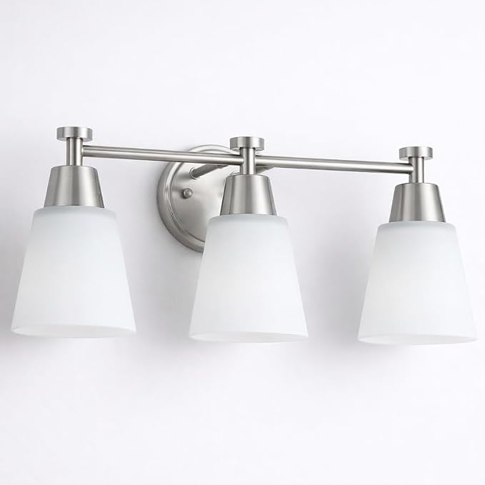 3-Light Bathroom Vanity Light, Brushed Nickel Finish with Milk Glass Shades, Over Mirror, for Bathroom Vanity