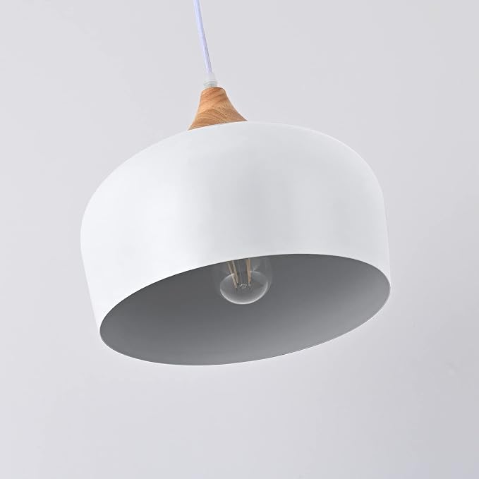 Modern Solid Wood Pendant Light,Ceiling Hanging Lamp with Dome Metal Shade,Adjustable Light Fixture for Kitchen Island,Dining Room- White