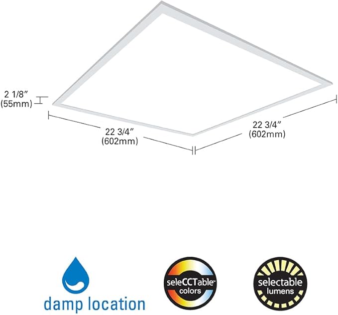 Metalux CGTS 2x2 Selectable Back-Lit Shallow LED Ceiling Panel Light Fixture with 3 Lumen Levels and 3 Color Temperatures for Commercial and Residential - 22CGTS-L3C3R