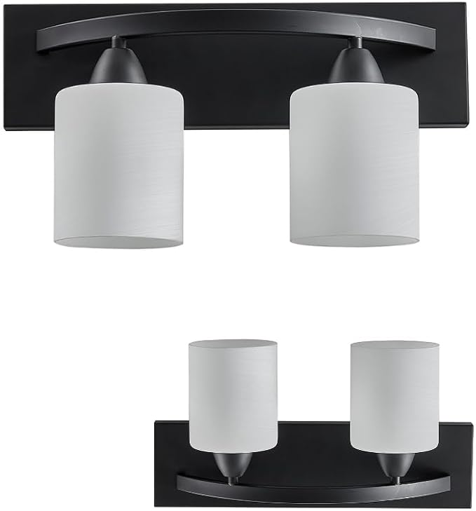 Hollywood Style Modern Wall Mount Lighting, Bathroom Vanity Light Bar, Interior Fixtures with Modern Glass Shade, Lights Over the Mirror (Matte Black, 2-Lights)