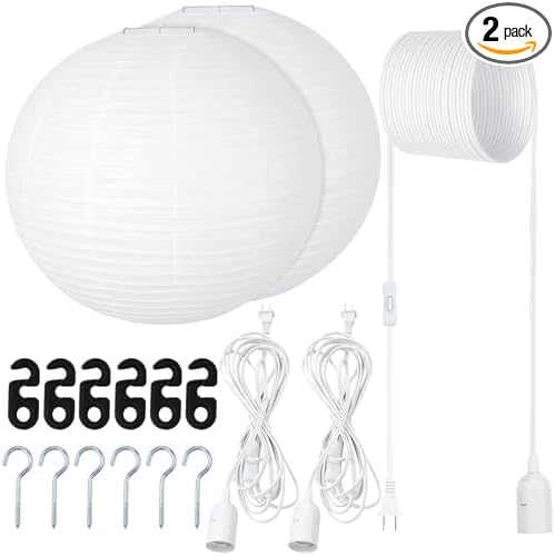 2 Sets Jumbo Round Paper Lanterns with Lamp Cord Cable White Hanging Paper Lanterns Chinese Japanese Pendant Hanging Lamp for Birthday Wedding Bridal Anniversary Party Decoration(24 Inch)