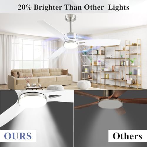52 Inch Ceiling Fans with Lights and Remote Control - Outdoor Indoor Flush Mount Low Profile Silver White Ceiling Fans for Living Room,Bedroom,Patio