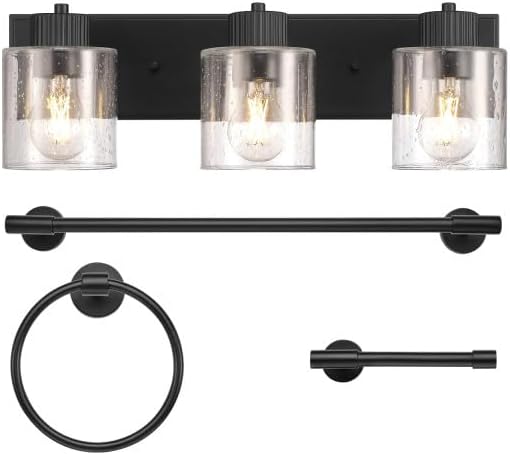 Globe Electric 4-Piece All-in-One Bathroom Set, Matte Black, 3-Light Vanity Light with Seeded Glass Shades, Towel Bar, Toilet Paper Holder, Towel Ring