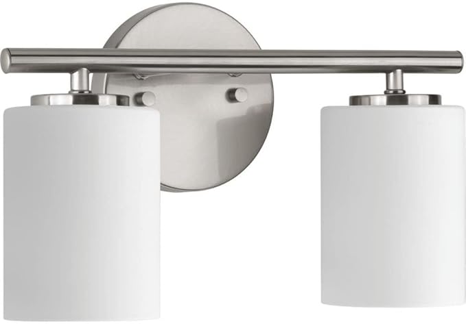 Progress Lighting 2-Light Bathroom Vanity Light, Modern Bath Lighting Fixture with Etched White Glass Shades for Over the Mirror, Reversible Mounting, Replay Collection, Textured Black