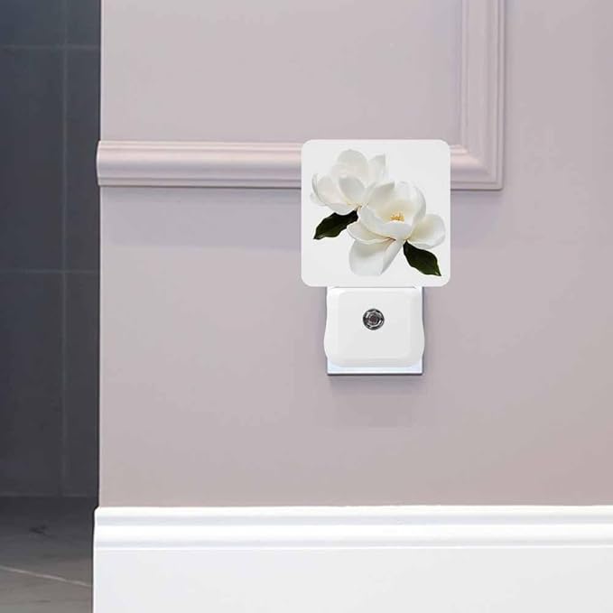 Magnolia Flower Night Light Plug-into Wall White Flowers and Green Leaves Nightlight Lamp with Dusk to Dawn Sensor, Led Lamp 0.5W Energy Efficient for Home Decor