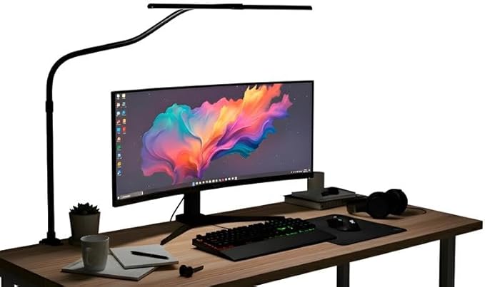 LED Desk Lamp with Clamp, Dimmable Gooseneck Task Light for Home Office, Eye-Caring Study Lamp, Adjustable Clip-On Light for Workbench & Small Desk – Black