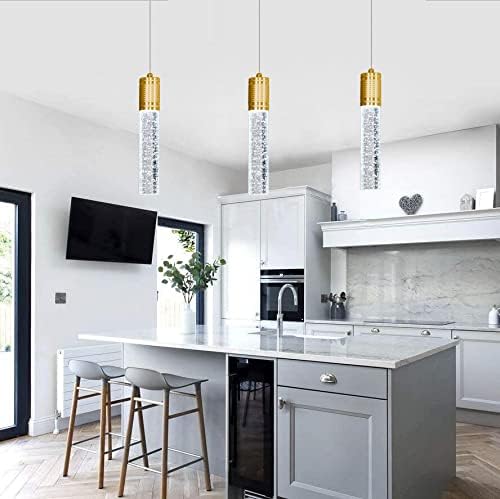 Set of 3 Pendant Lights for Kitchen Island, White Light, Gold Crystal Linear Pendant Lighting, Bar Corner LED Light Fixtures Glam Drop Light