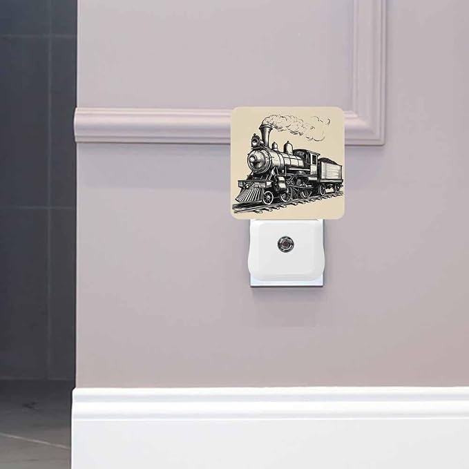 Train Night Light Plug-into Wall Retro Sketch Nightlight Lamp with Dusk to Dawn Sensor, Led Lamp 0.5W Energy Efficient for Home Decor