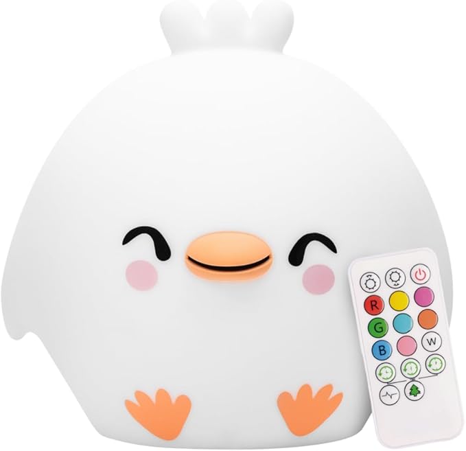Chick Silicone Night Light for Kids, Squishy Lamp with Remote | Tap Control | Rechargeable 9-Color Changing Soft Glow | Nursery Nightlight for Kids | Portable Animal Nightlight | USB Cord