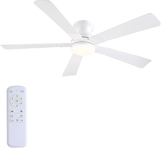 52 inch Ceiling Fans with Lights, White Flush Mount Ceiling Fan with Remote, 3CCT, LED Dimmable, Reversible, 6 Fan Speeds, Quite Low Profile Ceiling Fan with Lights Modern Bedroom Kitchen Indoor