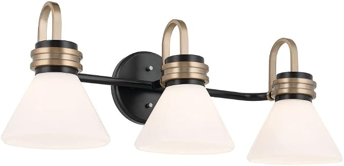 Kichler Farum 3-Light Bathroom Vanity Light, Black | Modern vanity light with opal glass and champagne bronze accents (26" x 9.5"), 55155BK